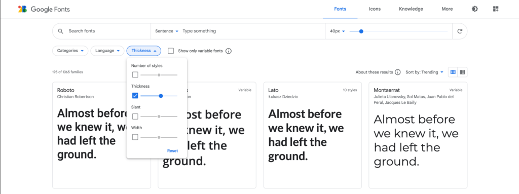 google font library font properties slider