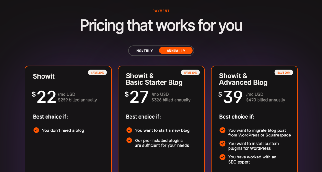 showit hosting annual pricing plans