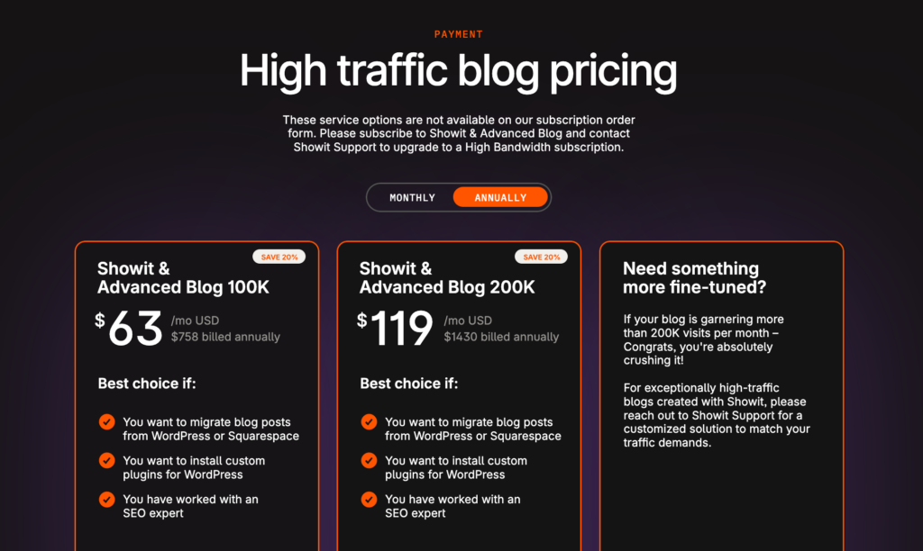 showit high traffic blog pricing