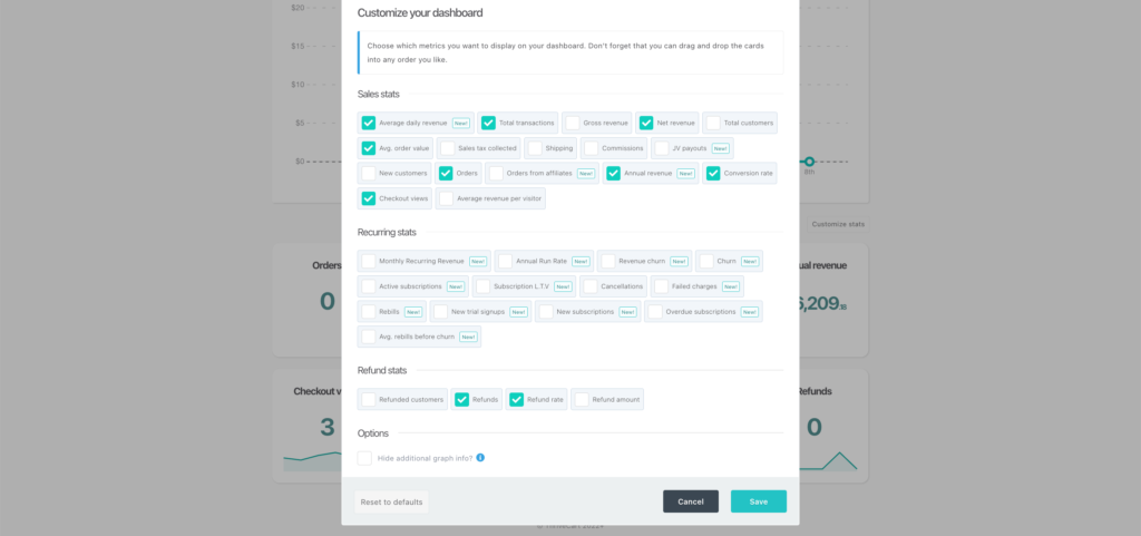 thrivecart dashboard customizable options interface