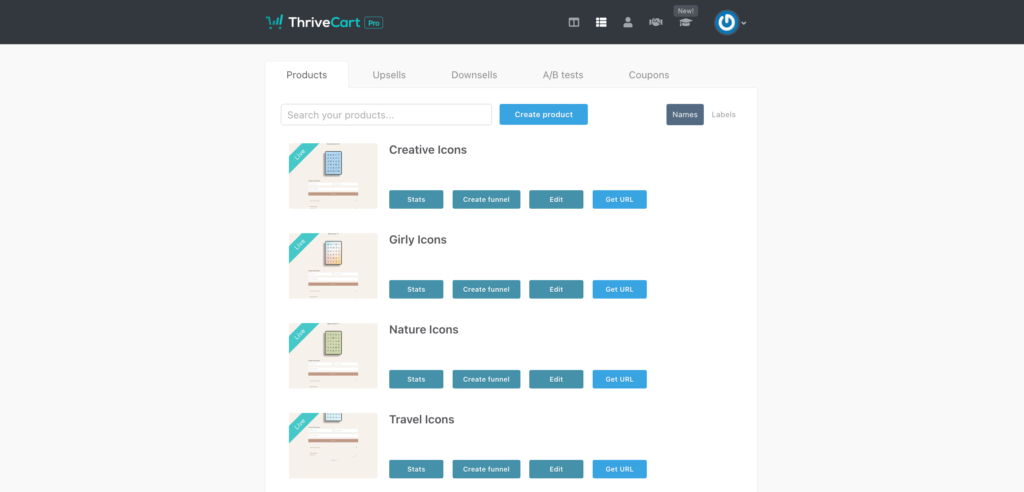 thrivecart product dashboard showing a listing of products