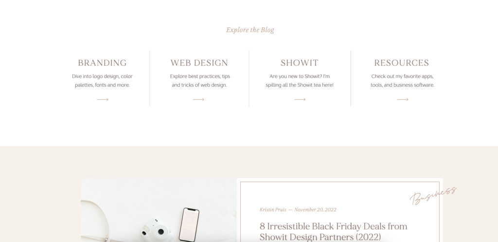 blog categories listed on kdesign.co blog feed page: branding, web design, showit and resources