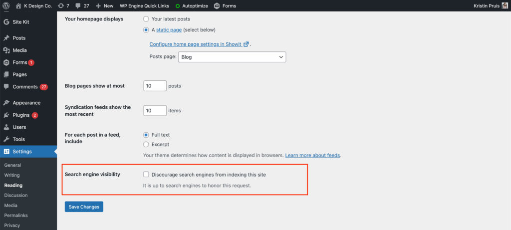search indexing checkbox left unchecked in WordPress settings
