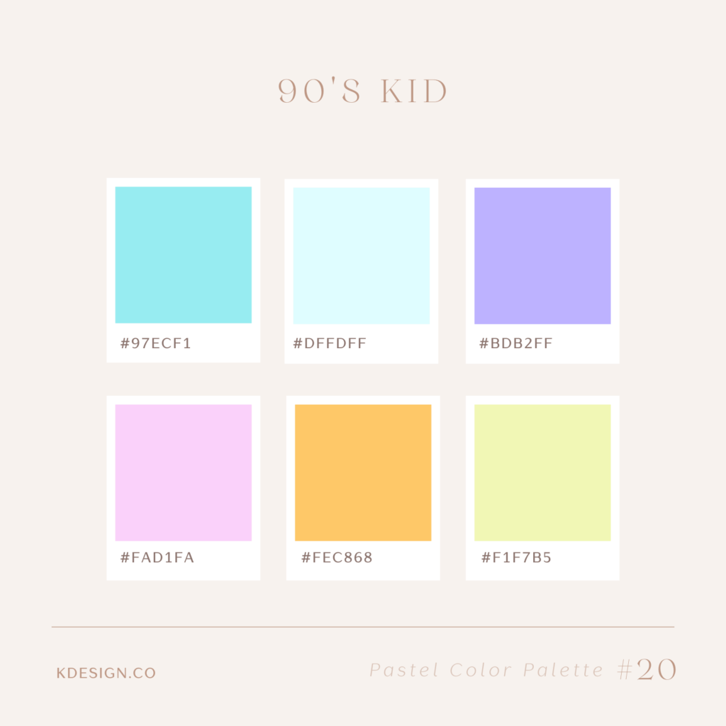 pastel color codes inspired by the 90's with teal, purple and orange