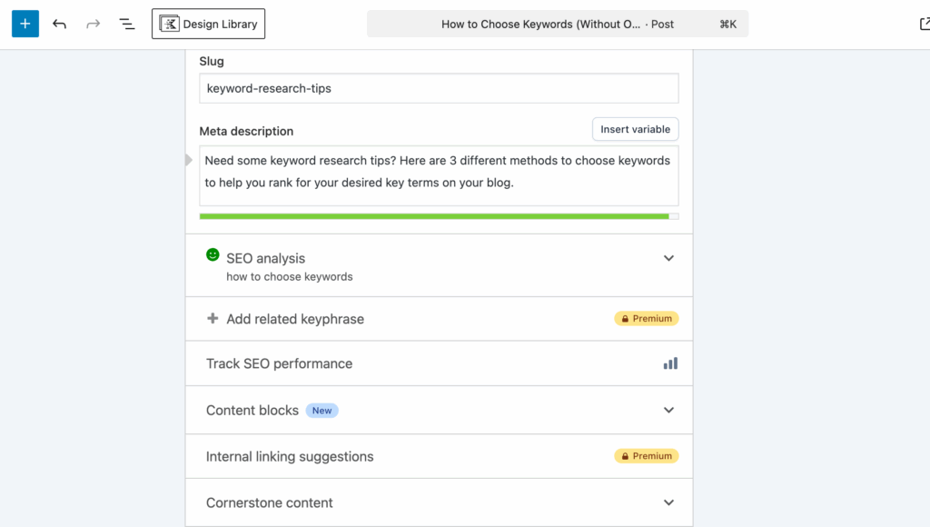 yoast seo keyword analysis on a wordpress blog post with a green (happy) indicator, showing the post was well-optimized for search