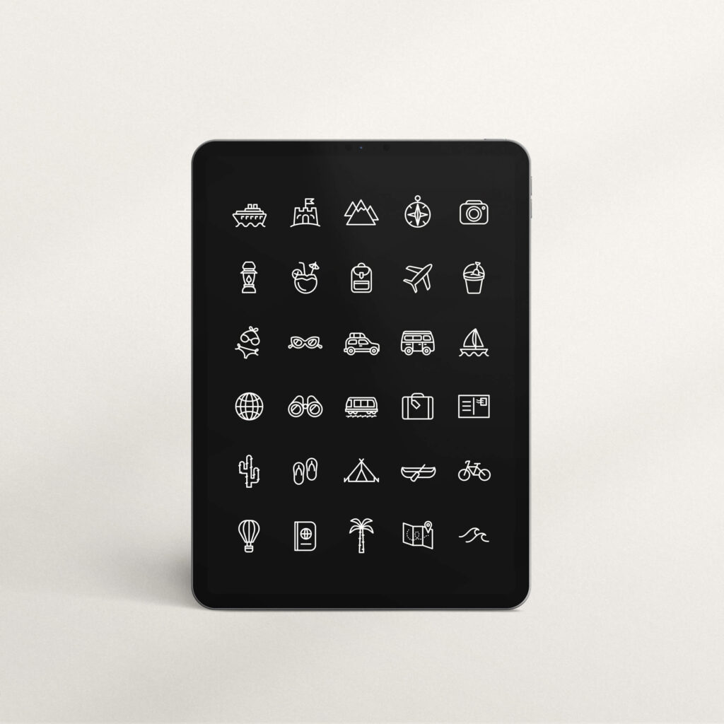 travel icons: boat, airplane, palm tree, map, flip flops, etc. mocked up on an ipad