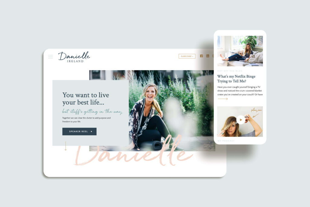 danielle ireland, LCSW, therapist website design layout, homepage desktop and mobile view