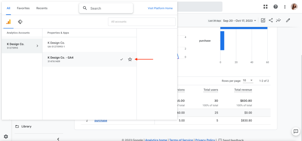select your google analytics property