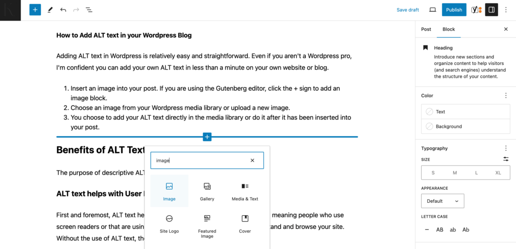 showing how to add an image inside of a WordPress blog post with the Gutenberg editor image block