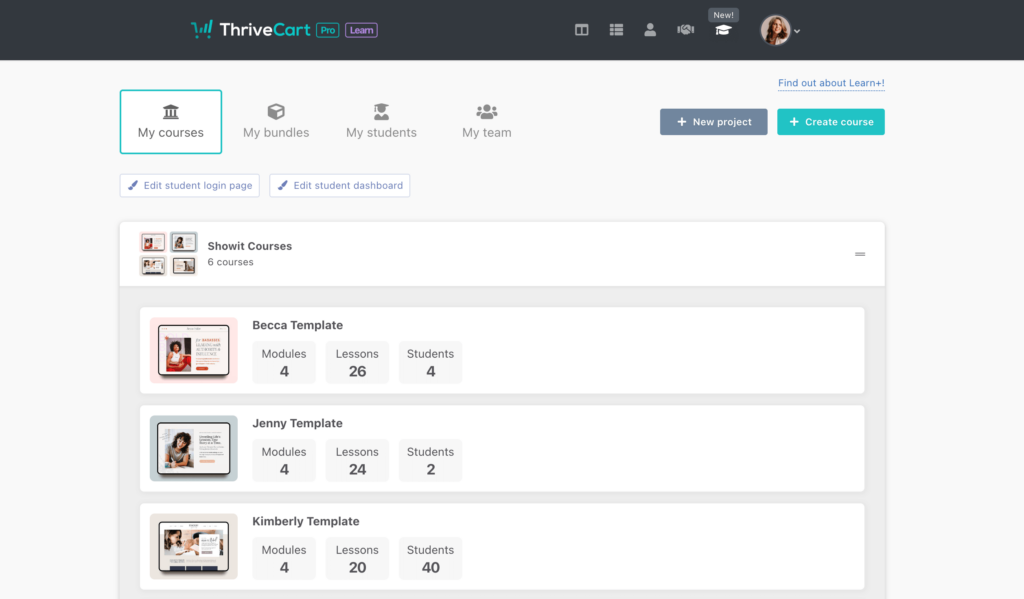 thrivecart learn courses dashboard