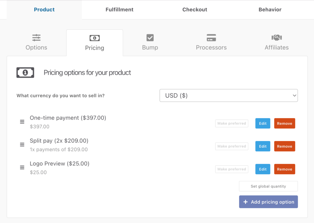 thrivecart product pricing options, showing one-time payment, split payment or a trial payment option