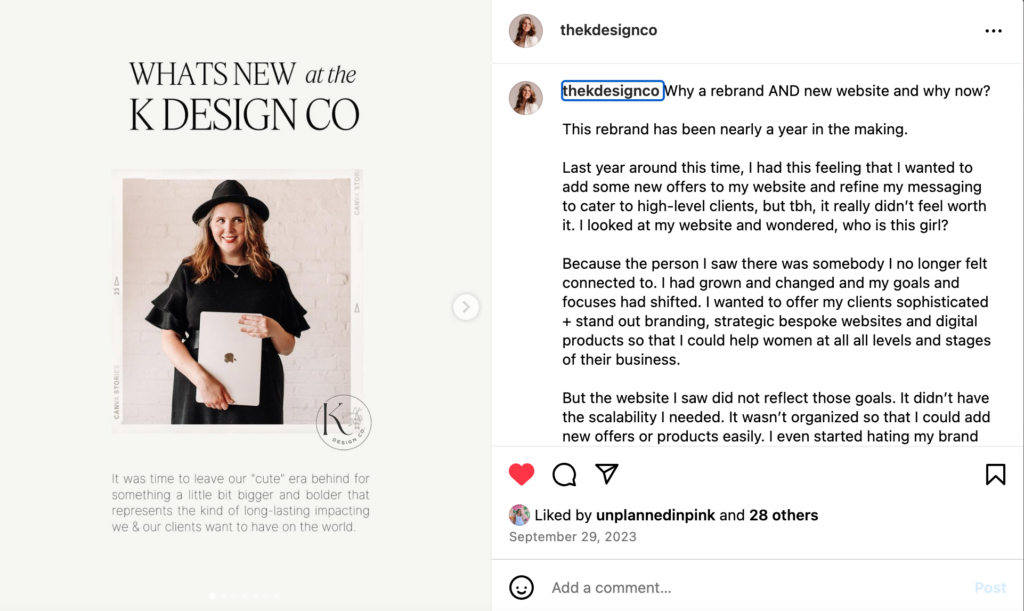 Screenshot of Instagram Post promoting the launch of the K Design Co's new website with caption.