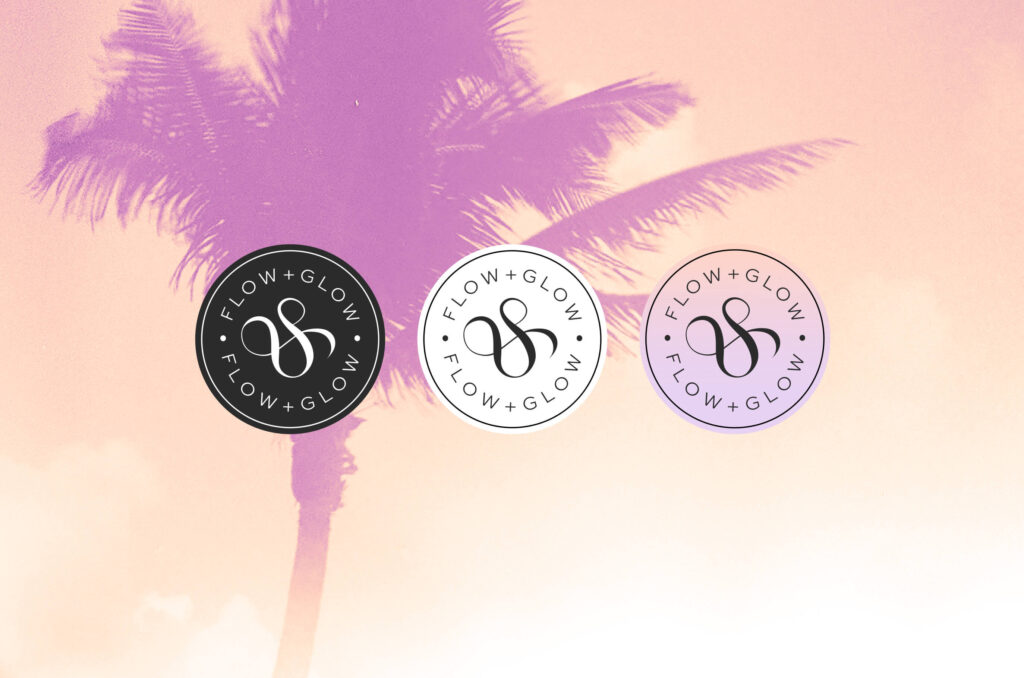 flow and glow LA logo seal design in black, white and color, overlaid on a purple palm tree background