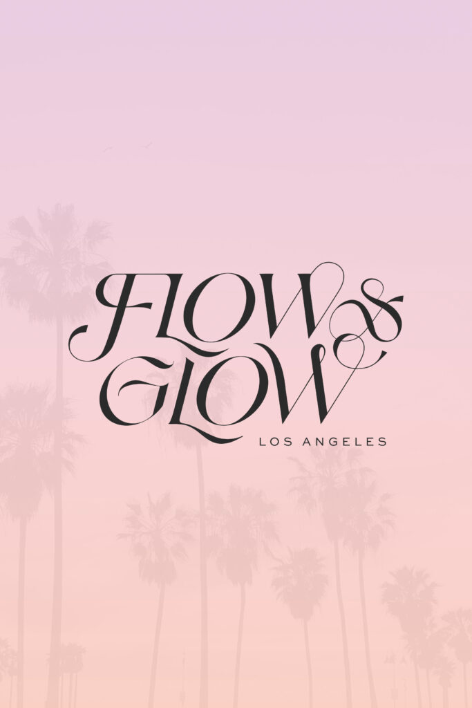 flow and glow la logo design in front of palm trees and a purple/orange gradient