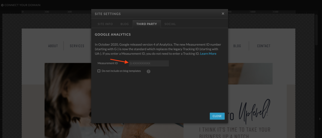 Google analytics integration with Showit under Site settings > Third party tab