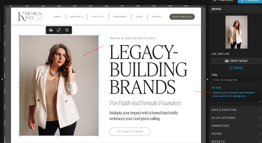 seo alt text field on Showit website app