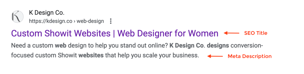 serp results for K Design Co. web designer shown on Google with SEO page title and meta description