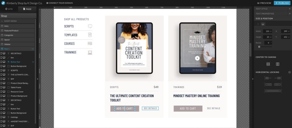 buy button selected on kimberly shop showit website template