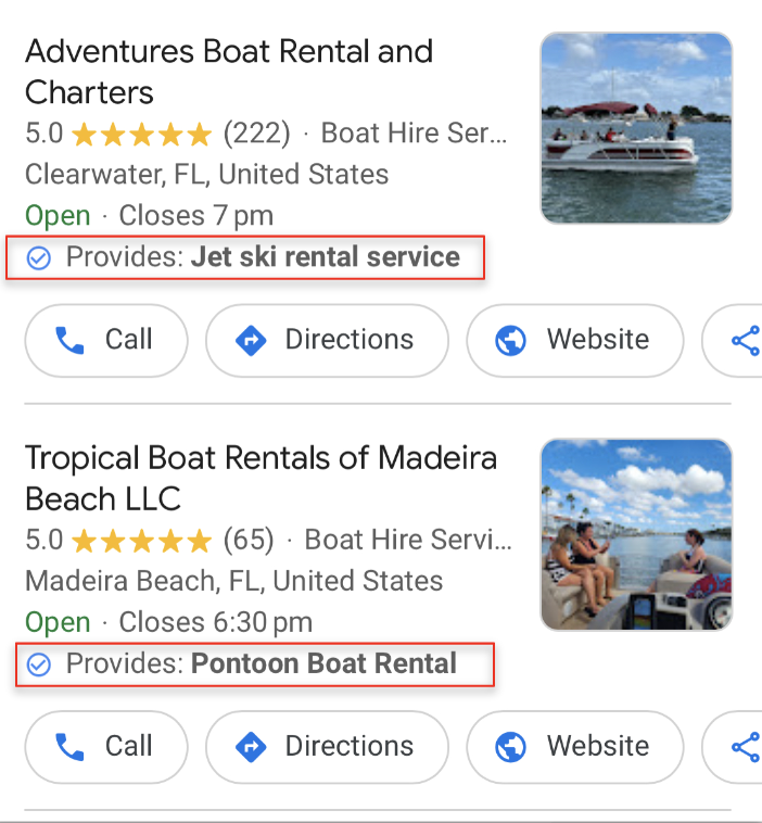 services listed on a google my business listing for jet ski rental