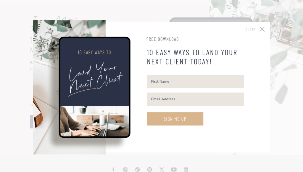 Kimberly showit website template for coaches and course creators, pop-up canvas triggered but a button with a click action