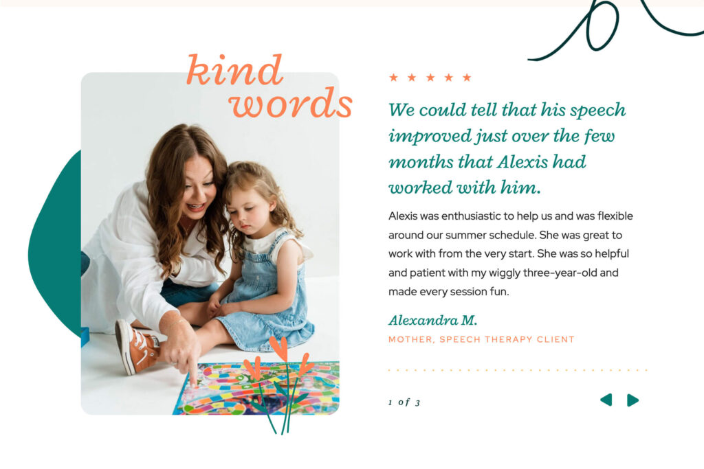 speech therapist website home page design with client testimonials