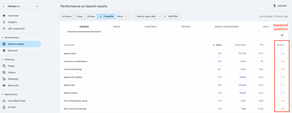google search console position column data