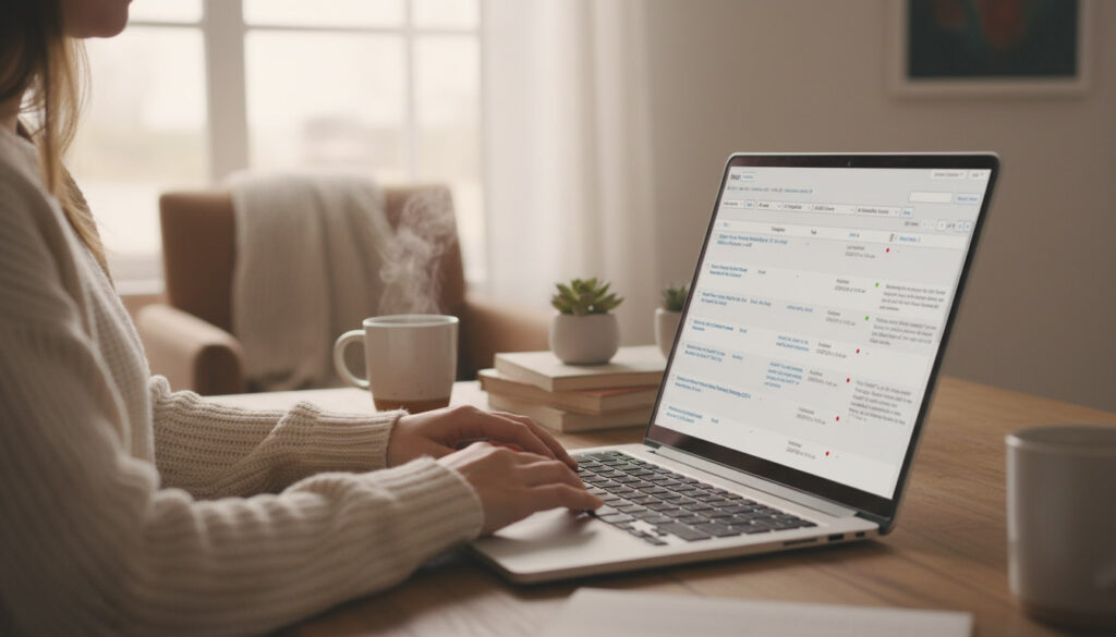 woman working in wordpress, publishing a new blog post on her website