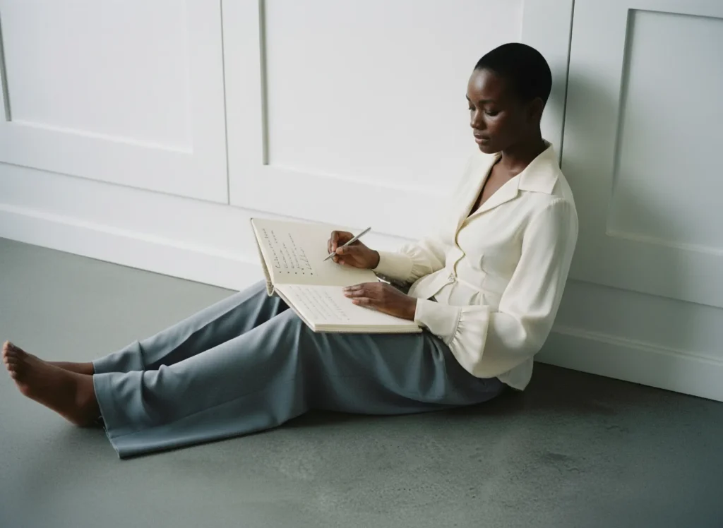 confident woman, writing in a notebook, planning her website strategy, leaning up against a wall