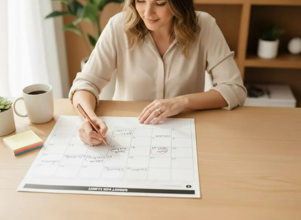 woman writing on a calendar, planning out her business blogging strategy with a pen while sitting at a desk next to a cup of coffee and pad of sticky notes