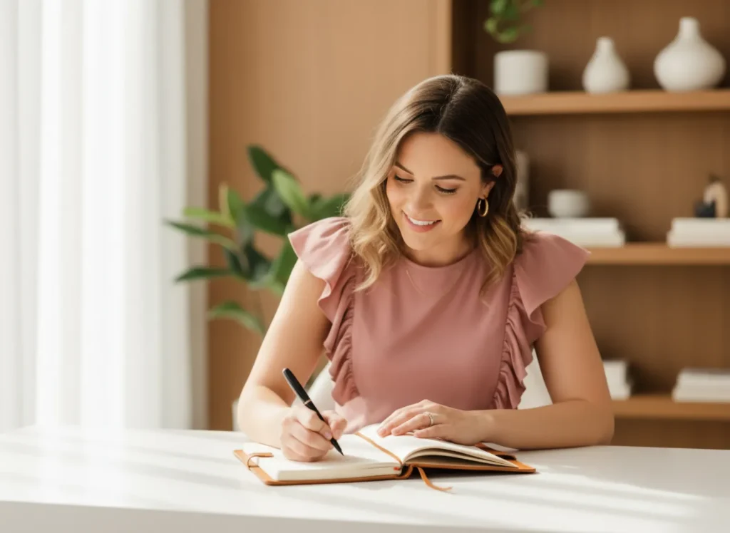 woman planning her next blog post, writing in a stylish notebook, while sitting at a desk