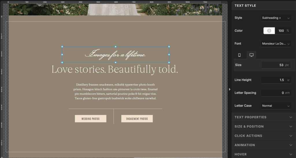 editing a script font on a showit website in the showit app
