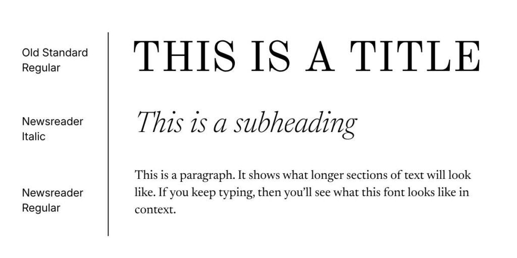 modern and stylish serif fonts for your website: old standard regular - title font, newsreader italic - subheading, newsreader regular - paragraph font