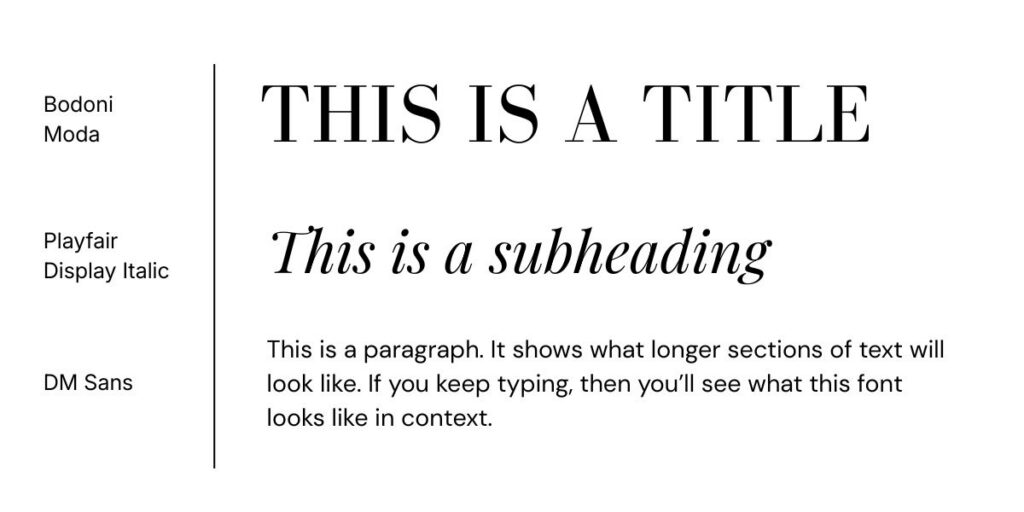 modern serif font and sans serif font combination for your website: Bodoni, Playfair Display, DM Sans
