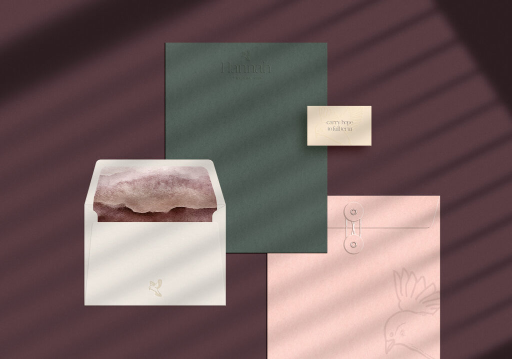 textured flat lay of branded stationery showing envelope design, folder, business card and letterhead for hannah cervical cup